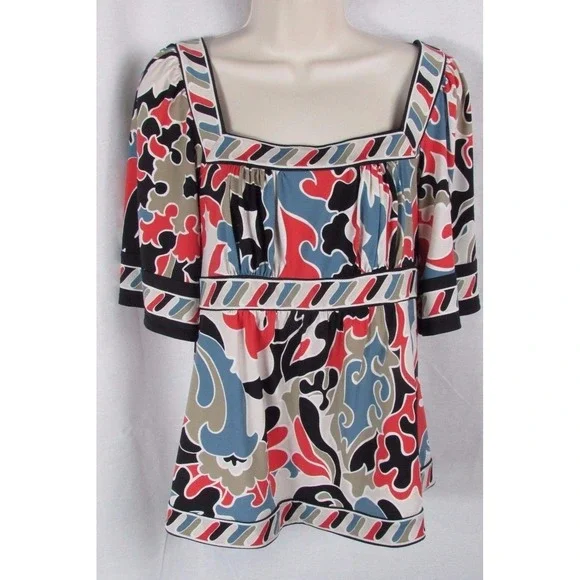BCBG maxazria S black orange blue print top blouse women's Small - Picture 1 of 5